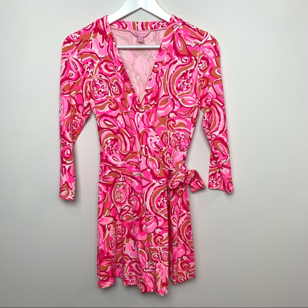 Lilly Pulitzer Karlie Romper in Mango Salsa Wrap Romper XS Pink Red Long Sleeve